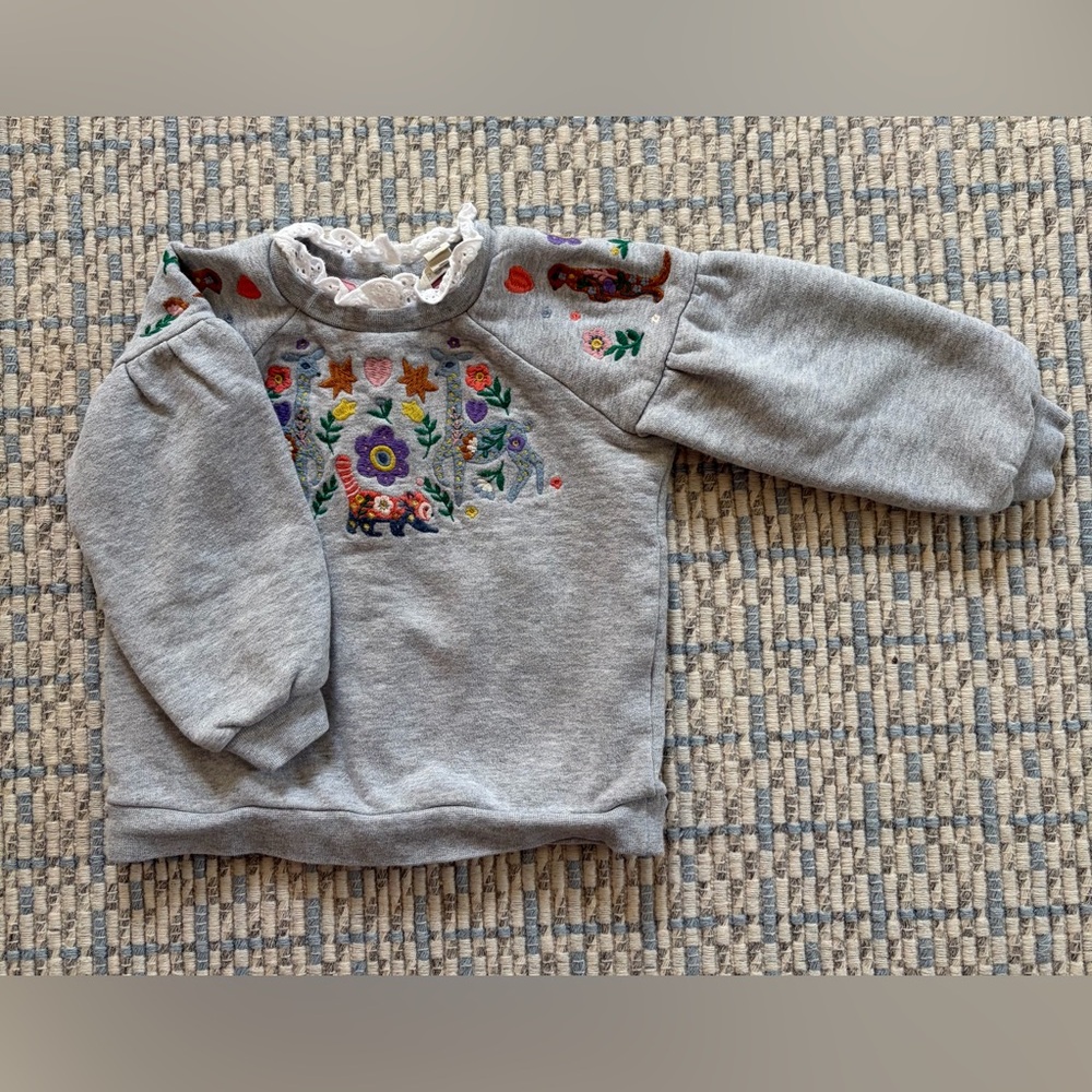 Mini Boden Gray Sweatshirt with Colorful Floral & Animal Embroidery